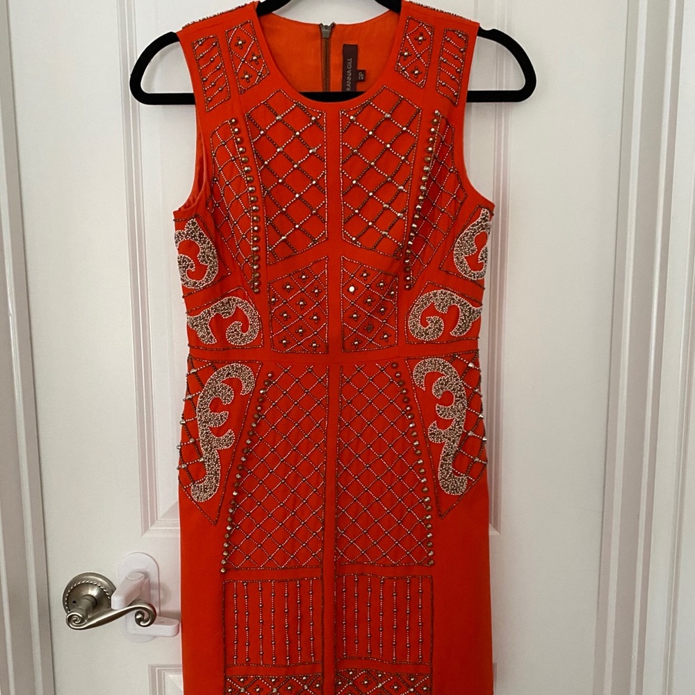 Orange beaded sheath mini dress